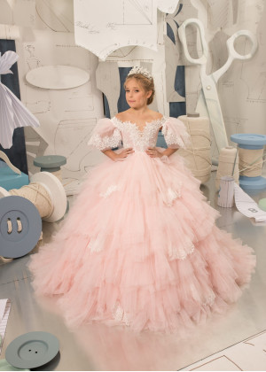 Off Shoulder Beaded Ivory Lace Pink Tulle Ruffled Flower Girl Dress